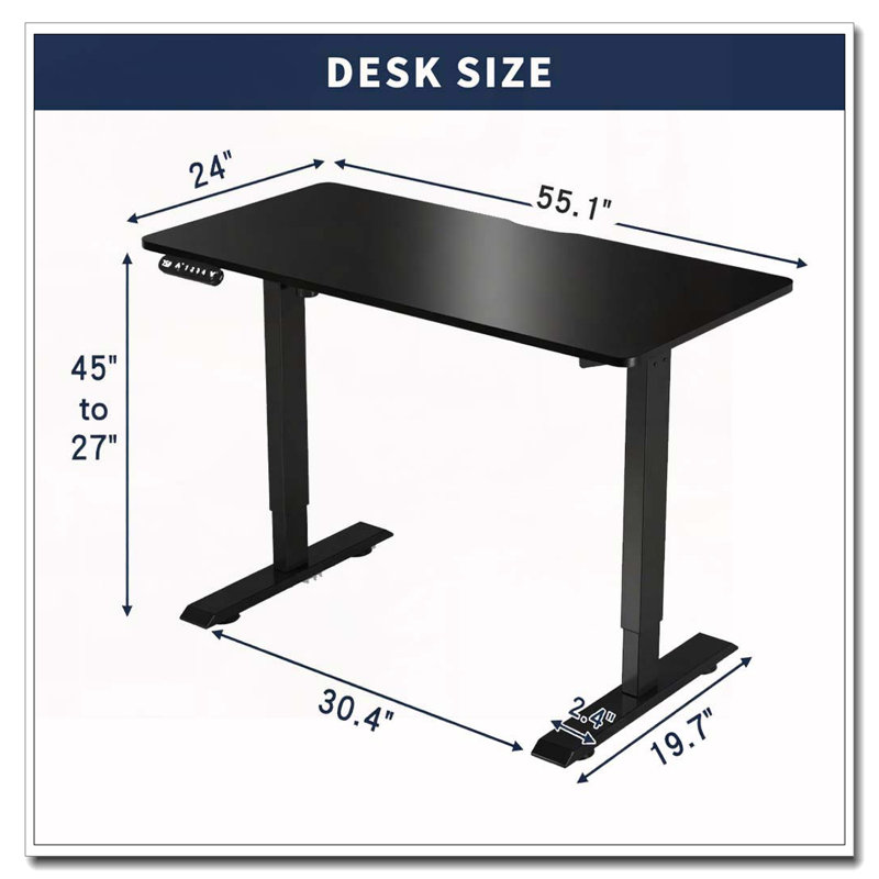 Bureau électrique à hauteur réglable, H 24 po x l 55 po x P 24 po, Noir / Noir