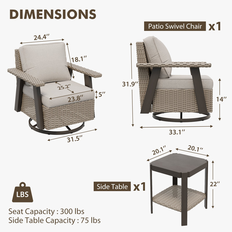 Ensemble 2 pièces de chaises pivotantes en osier avec coussins de 5 pouces et table d'appoint, Beige