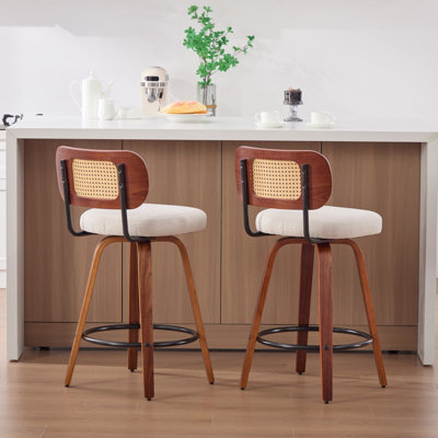 2PCS High Swivel Bar Stools with Rattan Back and Comfort Upholstered Seat