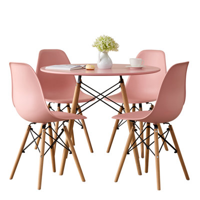 5-Piece Round Dining Table Set for 4, 31.5” Kitchen Table with Chairs, Solid Wood Legs, Plastic Seats, Pink