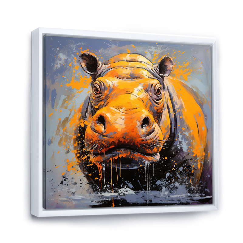 Art mural jaune hippopotame jaune - Hippopotame, Cadre flottant blanc, 16" H x 16" W