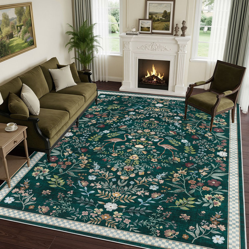 Washable Farmhouse Floral Area Rug with Non-Slip for Bedroom Nursery Living Room Decor-Green, Rectangle 8' x 10', Green