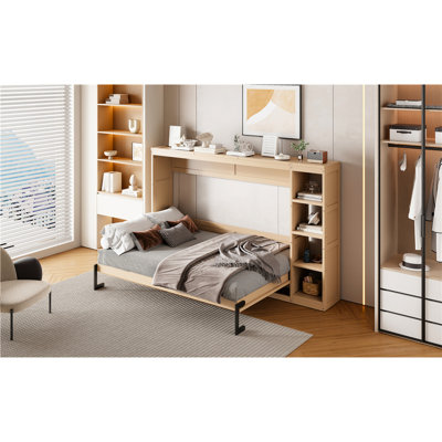 Lit double naturel avec bibliothèque, solide et polyvalent, pliable pour économiser de l'espace, plusieurs espaces de rangement, matelas à lattes de bois, processus d'assemblage rapide