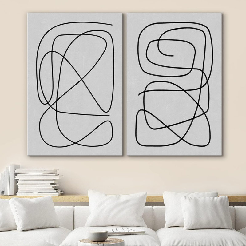 «Geimal Line» Mid-Century Geometric Spiral Collage Abstract Shapes Minimal Contemporary Zen on Canvas, 2 pièces, Toile tendue