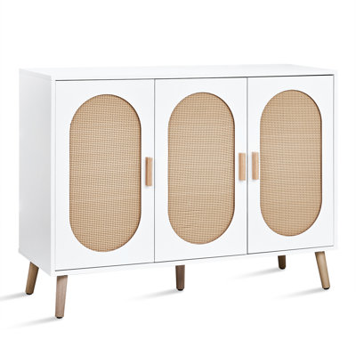 Shoe Cabinet 113cm x 40cm x 83.5cm Particleboard Plastic Rattan 1 Piece 3 Doors White Natural Rattan Gold Legs Storage
