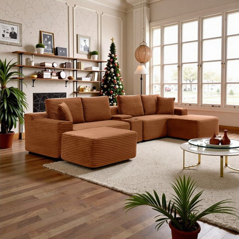 Canapé modulaire en L 150 po avec rangement et charge USB, velours surdimensionné 150 po, Velours côtelé orange