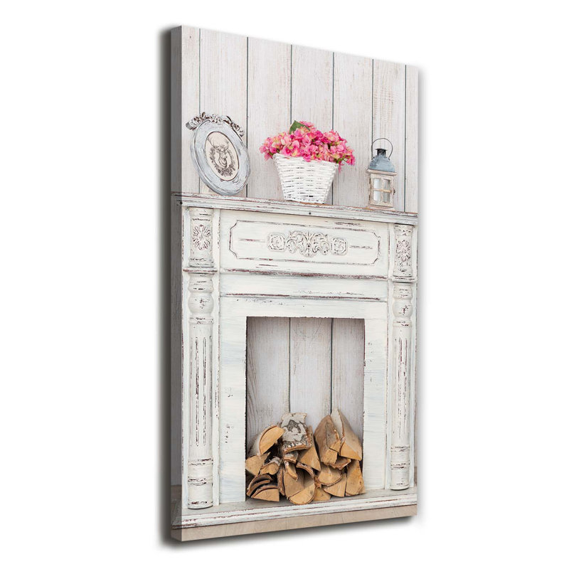 Wooden Fireplace - Wrapped Canvas Print