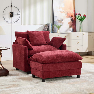 Fauteuil d'appoint moderne avec repose-pieds, revêtu de chenille rouge bourgogne, idéal pour la lecture au salon ou dans la chambre.