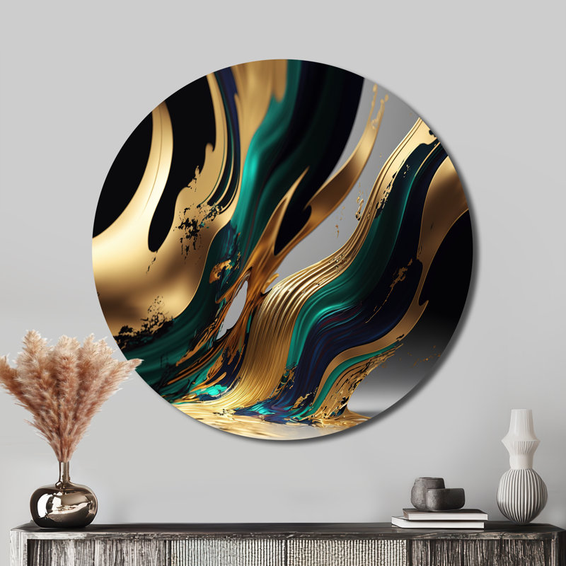 Agate verte et dorée II - Art abstrait rond en métal, H 16 po x l 16 po