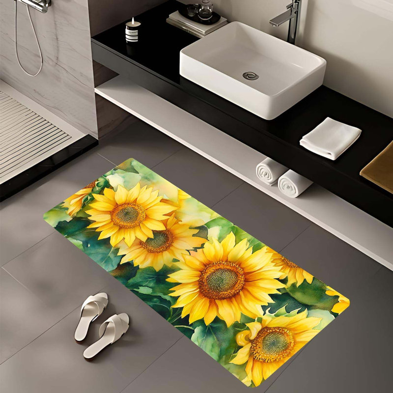 Sunflower Laundry Room Rug 18X47 Inch, Watercolor Non Slip Runner, Cheerful Yellow Floral Carpet For Kitchen Laundry Room Entry Bathroom