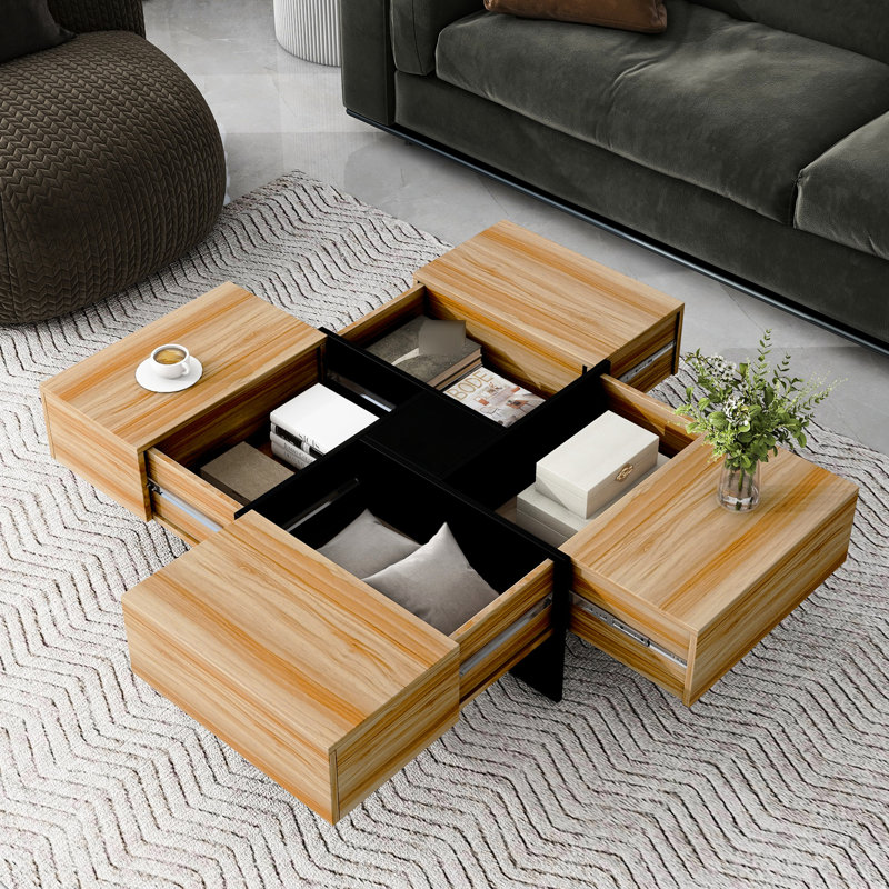 Unique Design Coffee Table With 4 Hidden Storage Compartments, Square Cocktail Table With Extendable Sliding Tabletop, UV High-Gloss Design Center Table For Living Room