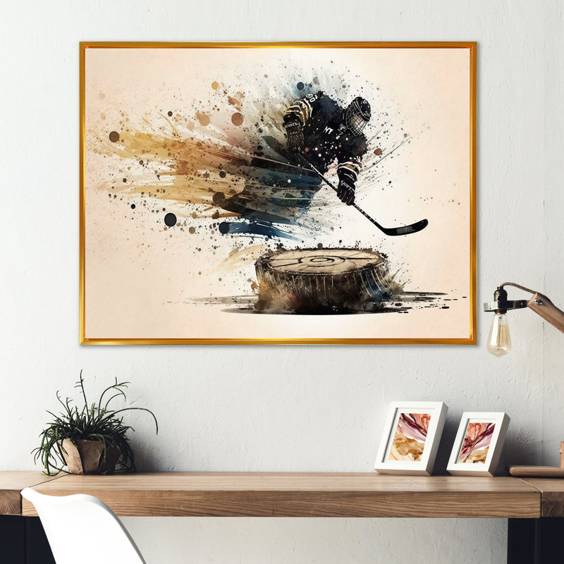 Joueur de hockey frappant une rondelle, H 30 po x l 40 po x P 1,5 po, Toile avec cadre flottant or