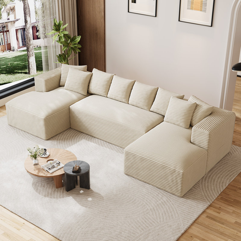 Canapé modulaire surdimensionné avec coussins Adame Boneless Compression, Velours côtelé beige, En form de U, Symétrique