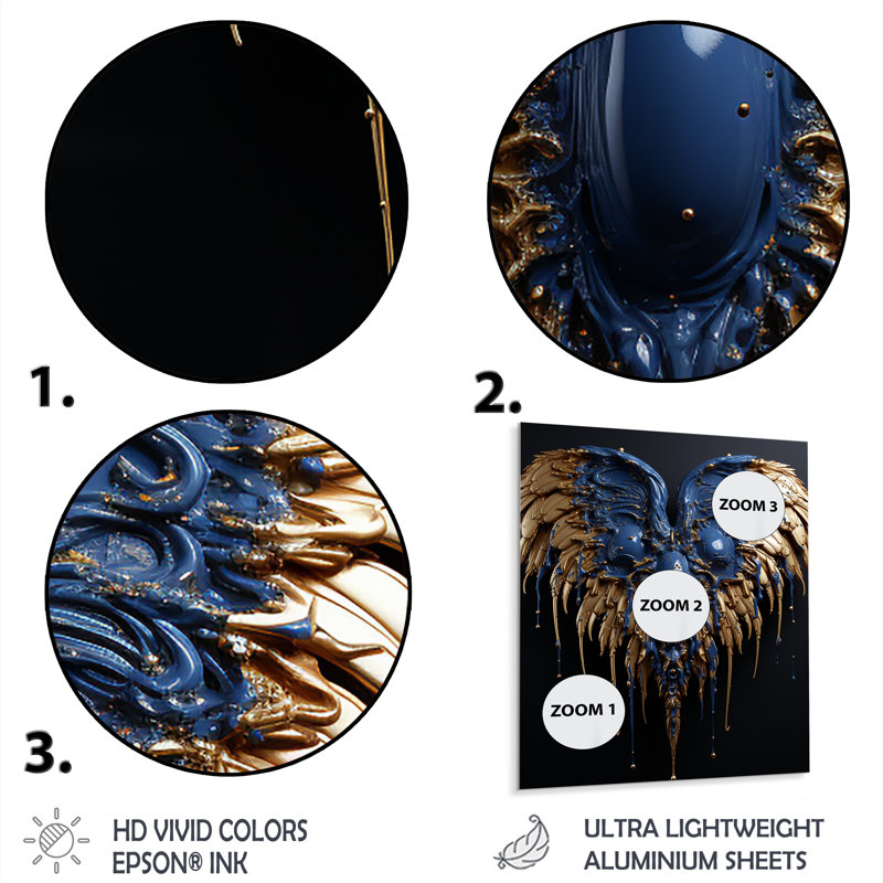 DesignQ Angel Wings Metal Wall Art - Royal Blue & Gold Glam Decor, 16x32 Inch Frameless Aluminum