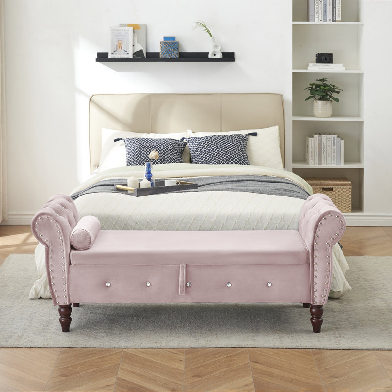Banc repose-pieds rectangulaire avec rangement en velours 63,38 po, Rose