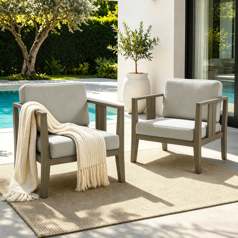 Junco Solid Wood Teak Outdoor Lounge Chair With Cushion And Arm, Brown, Light Camel