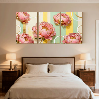 Plants & Flowers Pink Peonies With Gold Accents On Striped Background Set of 3 Canvas Wall Art Prints
