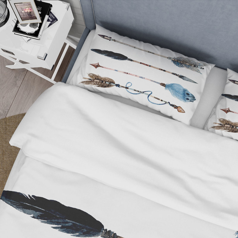 Ensemble de housse de couette bohémien plumes et fleurs sur flèches amérindiennes IV - Polyester en microfibre