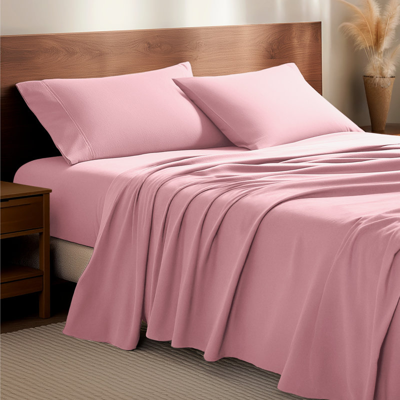100% Cotton Flannel Sheet Set, California King Sheet Set with 2 Pillowcases, Light Pink