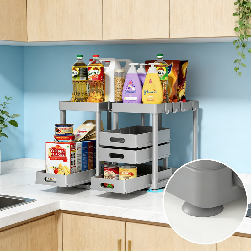 Rangement coulissant sous évier, ensemble de 2 tiroirs coulissants polyvalents pour armoires de cuisine et de salle de bain, installation sans outil, conception antidérapante
