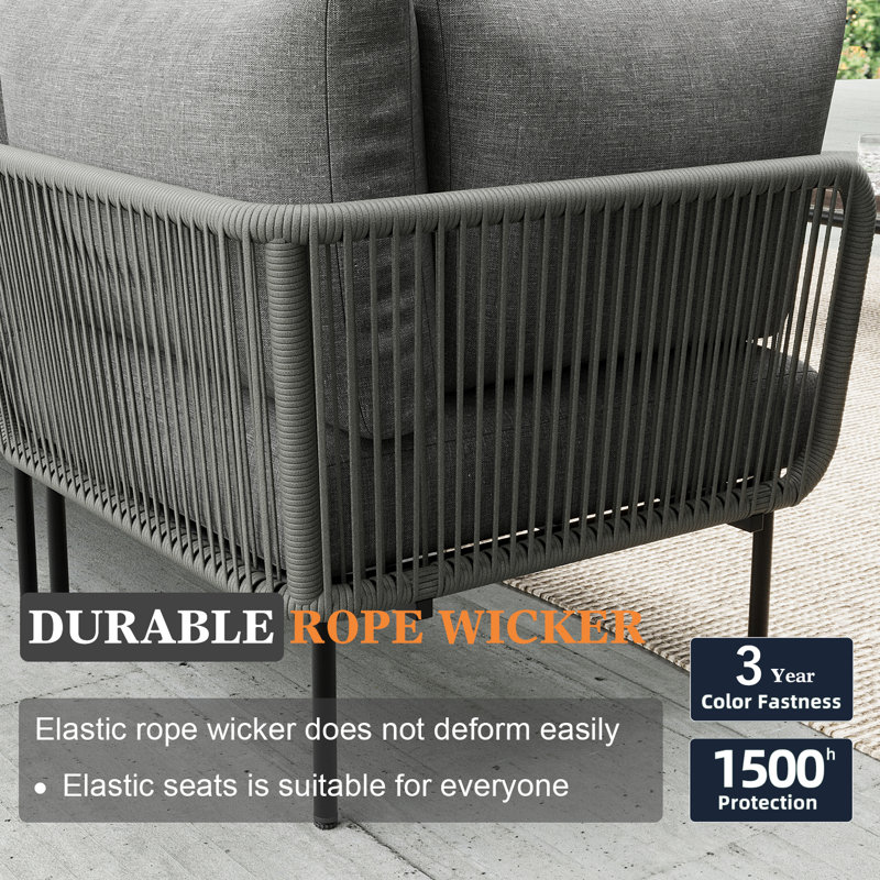 Outdoor Patio Woven Rope Wicker Modular 5 Pieces Sectional Set With Fire Pit Table And Cushions, Dark Gray