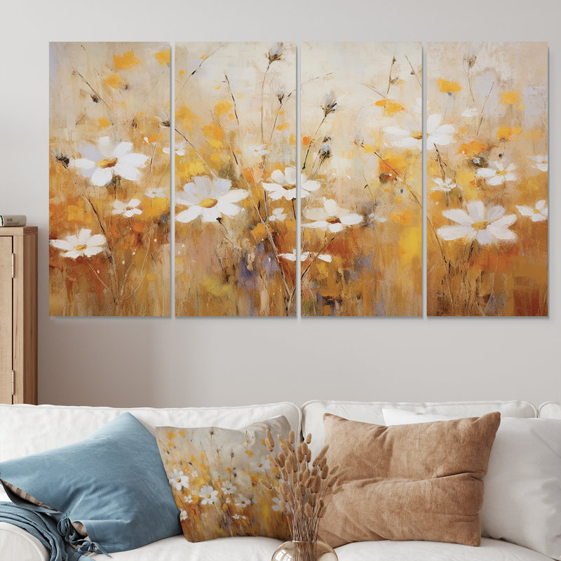 «White Marguerite Flower In Wheatfield I - Wildflowers», ensemble d'art mural 4 pièces, H 32 po x l 64 po