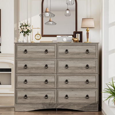 47 Inch Dresser For Bedroom, 8 Drawer Dresser With Large Drawers, Mid Century Modern Wide Wood Chest For Living Room, Hallway, Brownish Grey Color