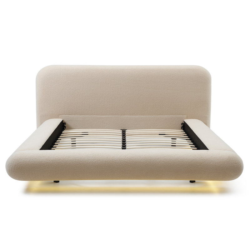 Lit plateforme tapissier moderne de style nuage avec tête de lit courbée, Beige, Très grand