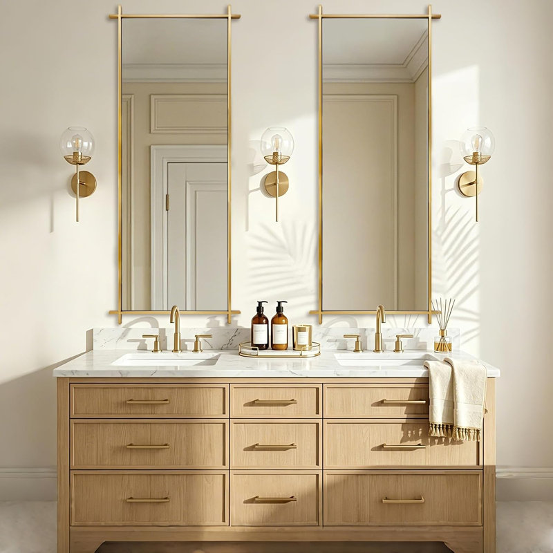 Miroir de salle de bain Vintage Cadre en acier inoxydable, 48" x 18", Or brossé