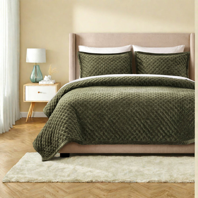 Ensemble de literie en velours Queen, couvre-lit vert matelassé pour chambre à coucher