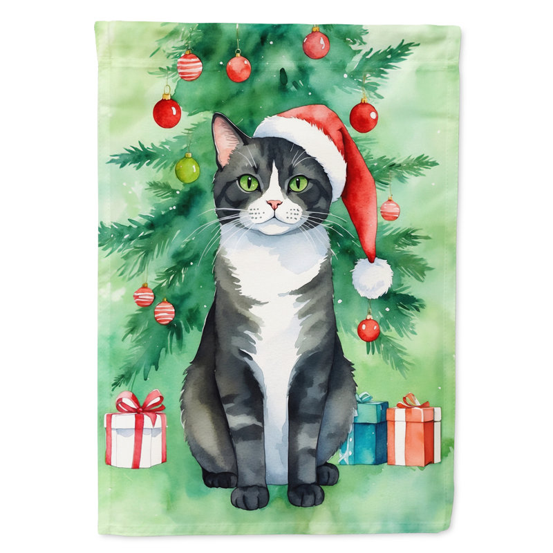 Cat By the Christmas Tree House Flag, American Polydactyl