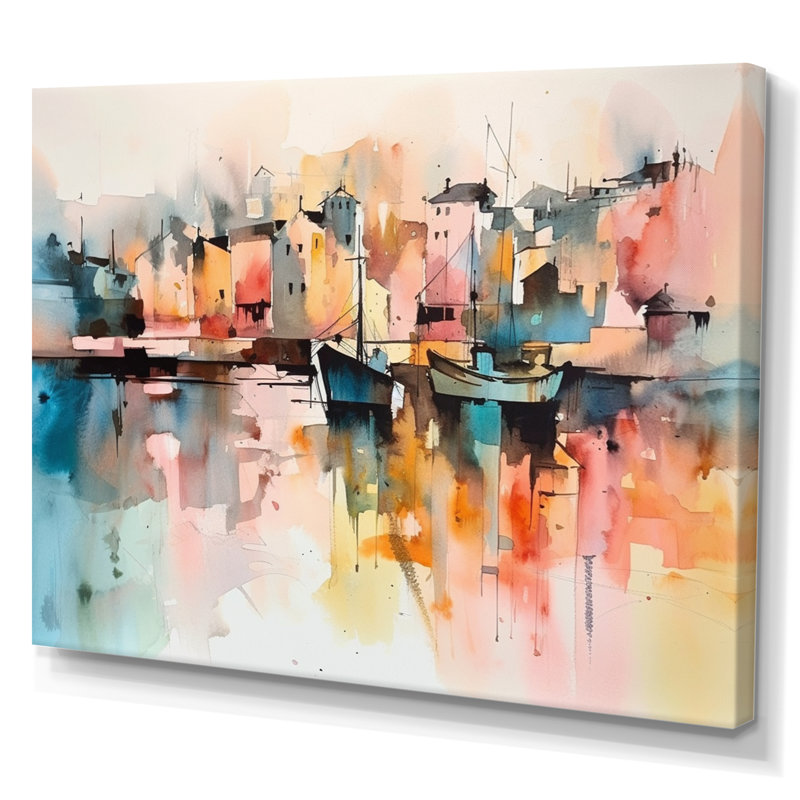 Orange et jaune reflets de port - reproduction sur toile tendue, H 34 po x l 44 po x P 1,5 po