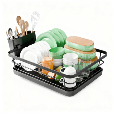 Compact Dish Drying Rack With Utensil Holder And Adjustable Drain Spout, Rust-Proof Space-Saving Kitchen Counter Organizer