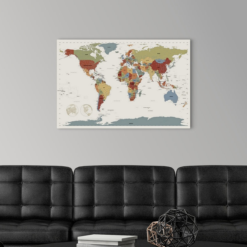 'World Map' Graphic Art Print by Michael Tompsett, 24" H x 36" W x 1.5" D, Canvas