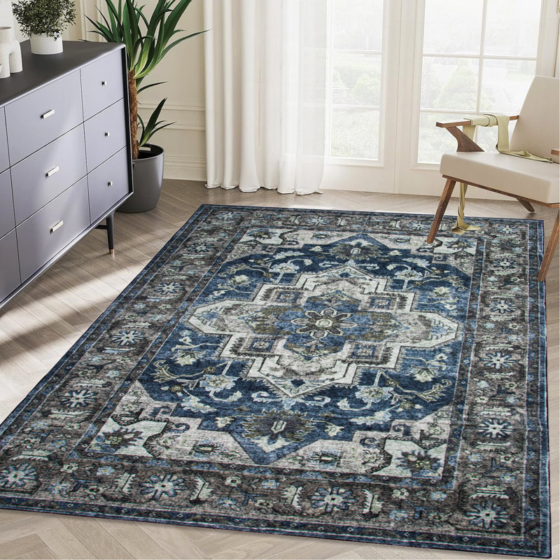 Area Rug 5X7 Vintage Bohemia Non-Slip Washable Rug For Living Room Kitchen Bedroom Living Room Flower Design Blue/Brown