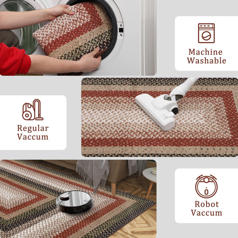 Washable Rug Scalloped Rug Non Slip, Low Pile Thin Foldable Mats, Indoor Neutral Carpet for Living Room Bedroom, Black