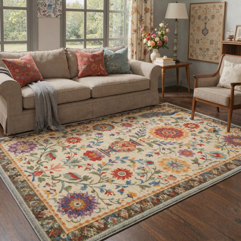 Astraea Vintage Machine Washable Beige Indoor Area Rug with Non-Slip Backing, Rectangle 9' x 12'