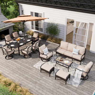 13 person outdoor patio furniture set including a patio conversation set & a patio dining set with an umbrella