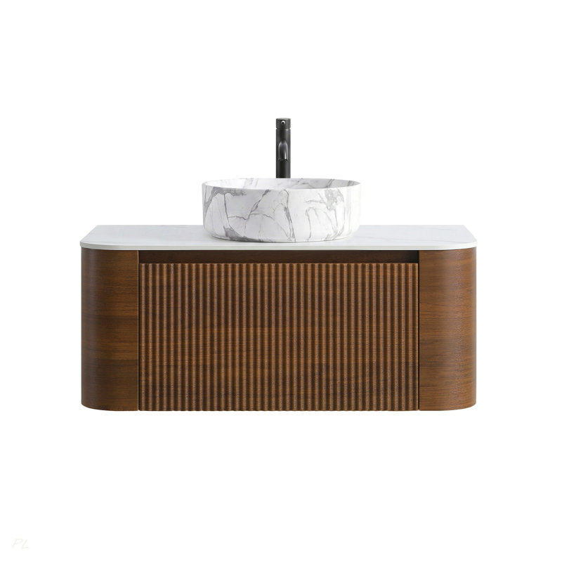 Meuble-lavabo de 36 po avec lavabo, armoire murale en noyer avec porte-serviettes gratuit, lavabo simple en céramique blanche de Carrare, sans drain et robinet, pré-assemblé