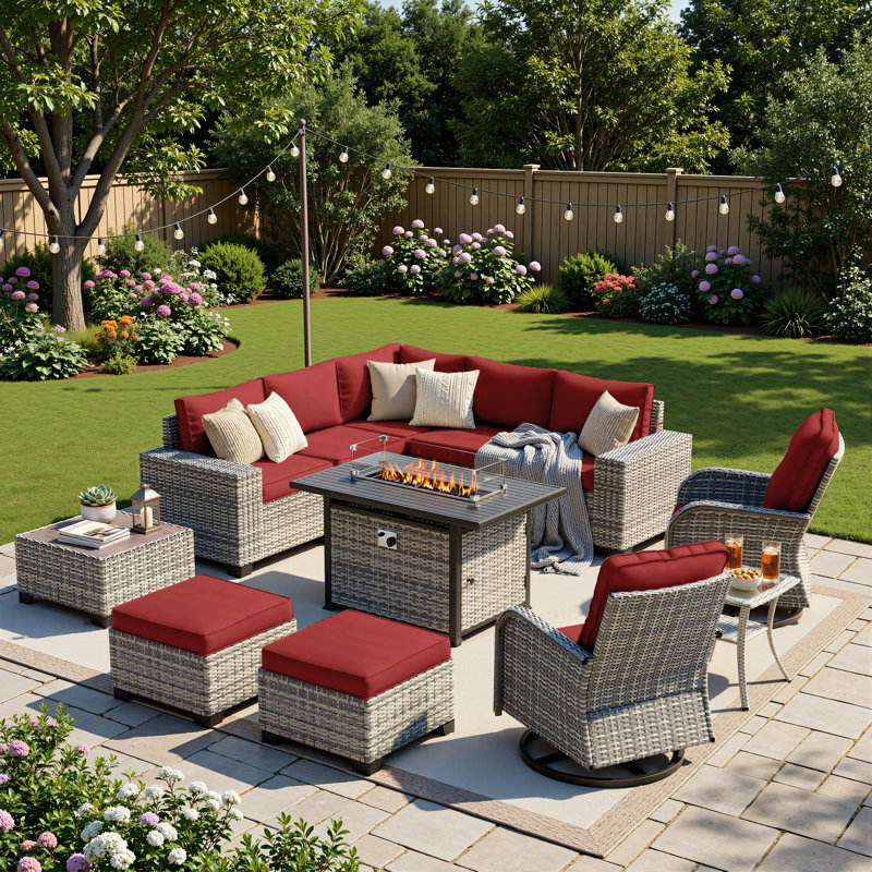 12-Piece Outdoor Modular Sectional Patio Conversation Set With Fire Pit Table, Swivel Rocker Chairs & Ottomans, Red