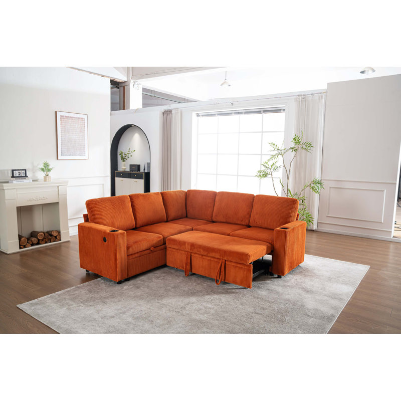 Canapé-lit modulaire avec rangement et chargement USB, Velours côtelé orange