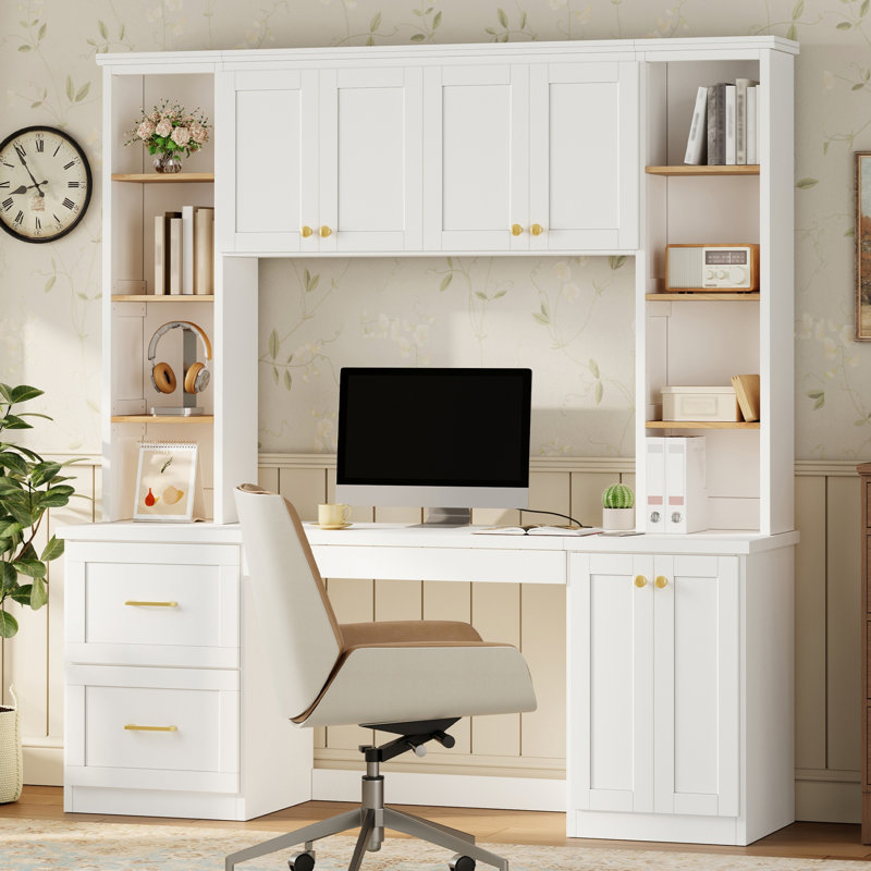 Bureau d'ordinateur moderne de style champêtre avec étagère, Blanc