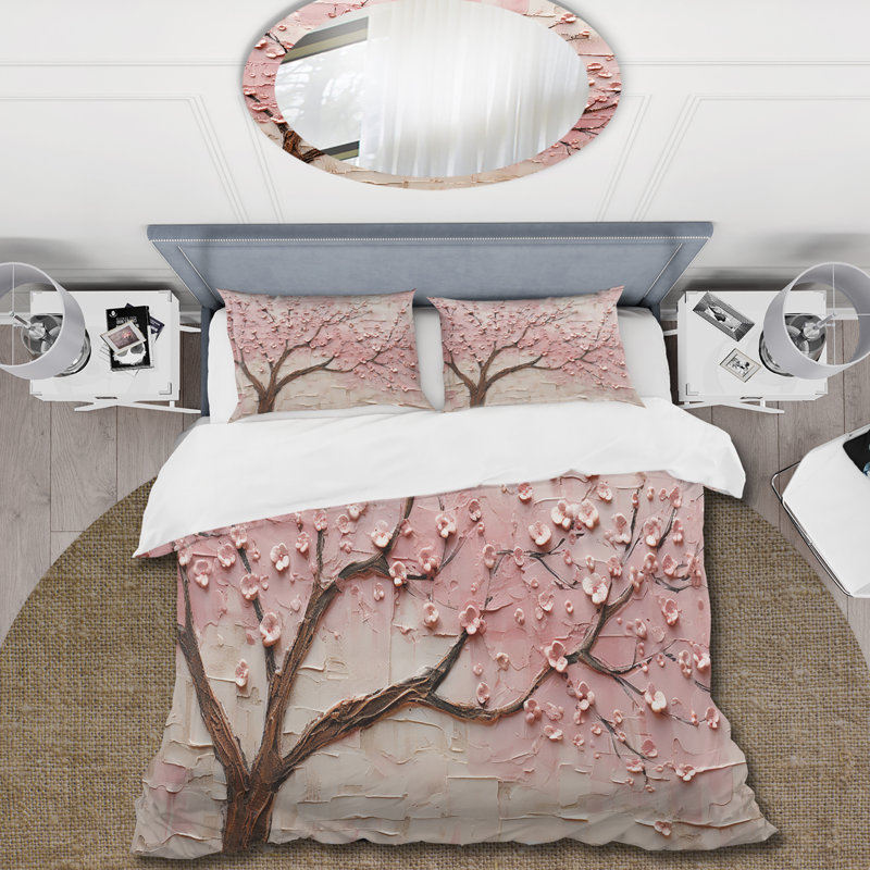 Cherry Blossom Whisper Pink And White - Flowers Duvet Cover Set, Twin Duvet Cover + 2 Standard Shams