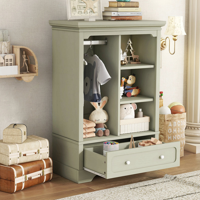 Garde-robe ouverte pour enfants avec une tringle suspendue et des tablettes ouvertes, un grand tiroir, une conception basse près du sol pour un accès facile