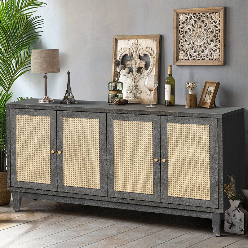 Buffet en rotin, armoire de rangement décorative avec 4 portes en rotin