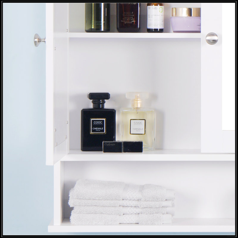 Armoire de salle de bain murale blanche avec 2 portes miroir et une tablette réglable