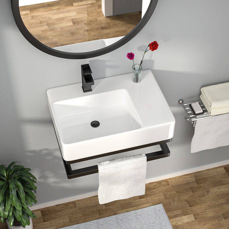 23" x 16" Wall-Mount Bathroom Sink, Ceramic Vanity Sink with Stainless Steel Bracket & Towel Bar, Single Hole Faucet Compatible