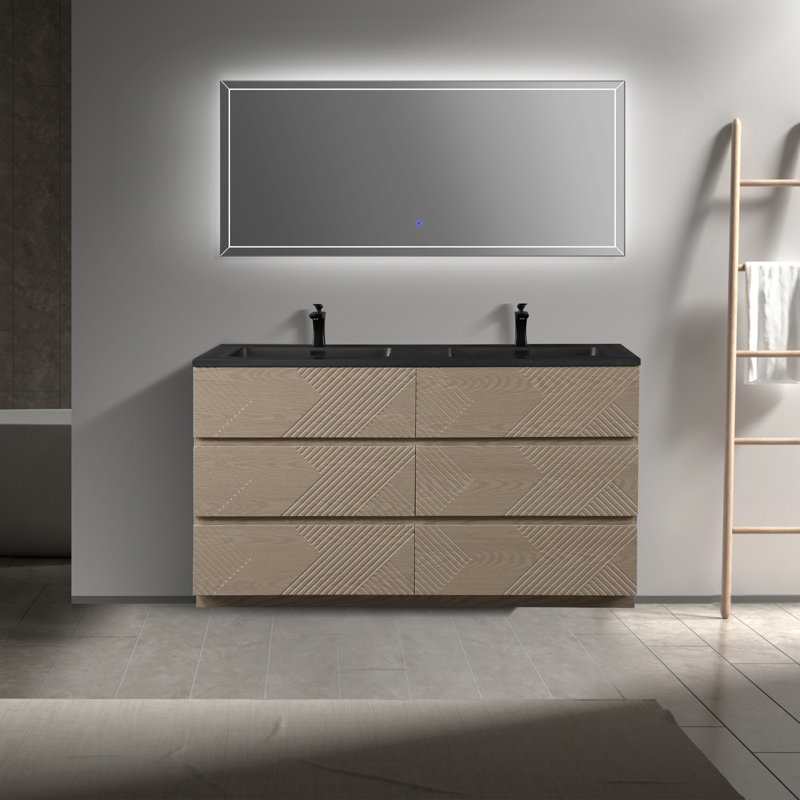 Ilic 60 po L x 21 po P 6 tiroirs Meuble-lavabo autoportant avec évier double et Comptoir en Quartz noir d'ingénierie, 59"