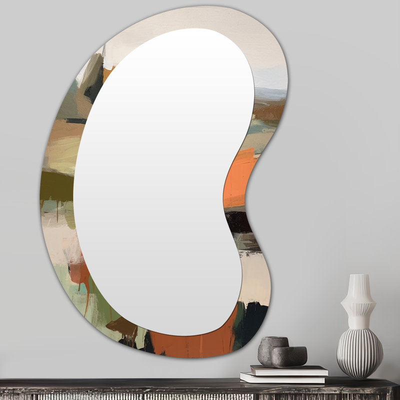 Vert et beige Transcendant la réalité III - Grand miroir mural asymétrique moderne abstrait, 31 po x 22 po