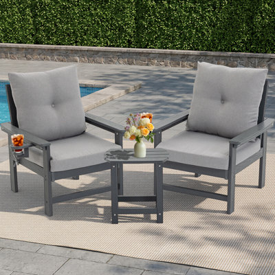 HDPE Patio Bistro Set 3-Piece, All-Weather Waterproof Sofa Chairs and Side Table for Yard, Deck, and Garden, Grey
